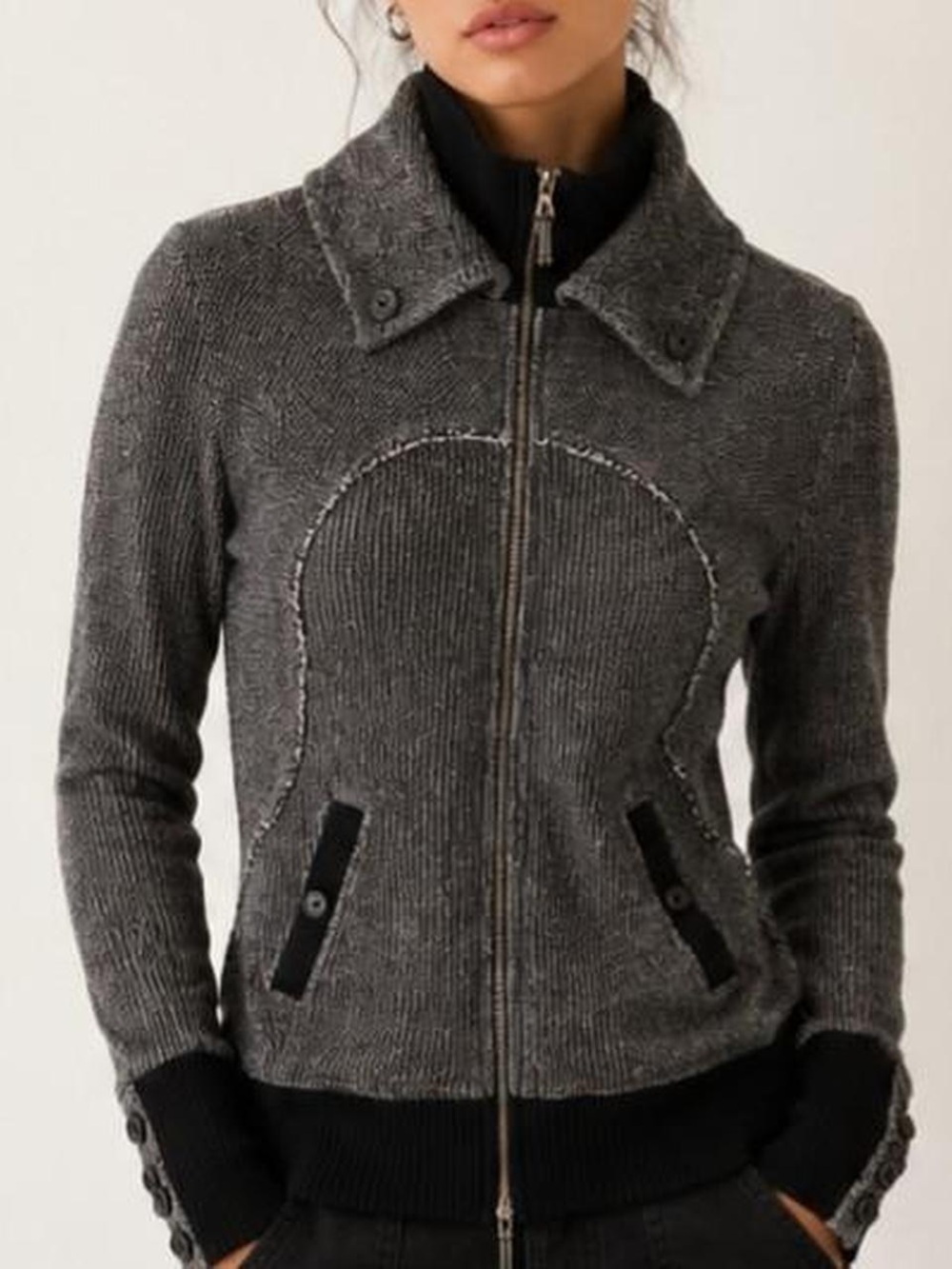 Vintage Free People Dark Navy Ribbed Zip Up Sweater